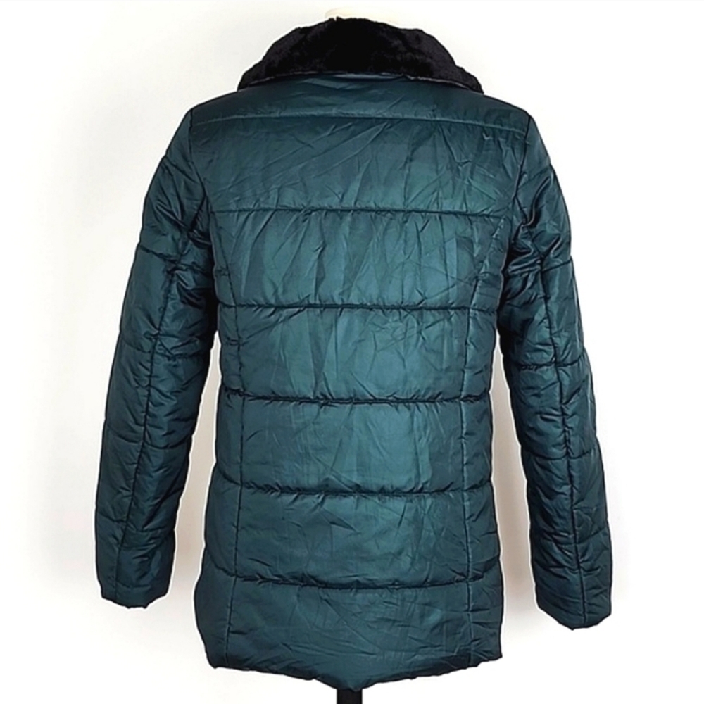 Vero Moda Women's Quilted Winter Emerald Green Jacket Black Faux Fur Collar M - Picture 3 of 14